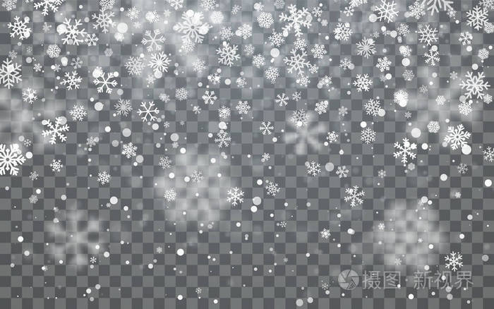 圣诞雪. 雪花落在黑暗的背景上. 雪花透明装饰效果. 圣诞节雪花图案. 