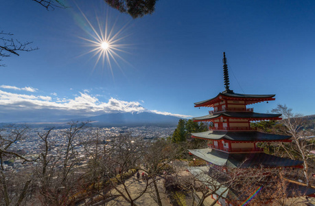 mt. 日本富士山秋日有朱雷托塔，蓝天多云