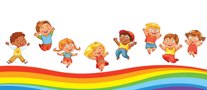 孩子们在彩虹上跳跃, 就像在蹦床上一样