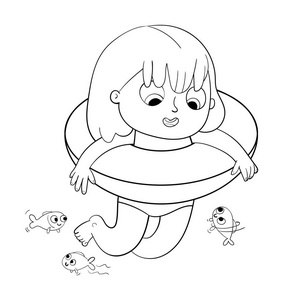 快乐的女孩在海里用救生圈游泳.着色书照片