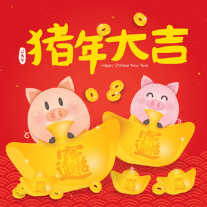 2019中国新年猪矢量插图。 翻译猪的吉年