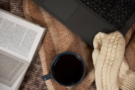 女人与一杯茶, 一本书, 一本毯子上的笔记本电脑