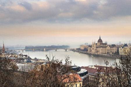 匈牙利冬季日落时布达佩斯议会的景色