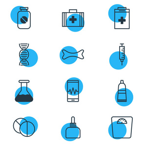 向量例证12个医学图标线样式。可编辑的医疗套件药瓶秤和其他图标元素