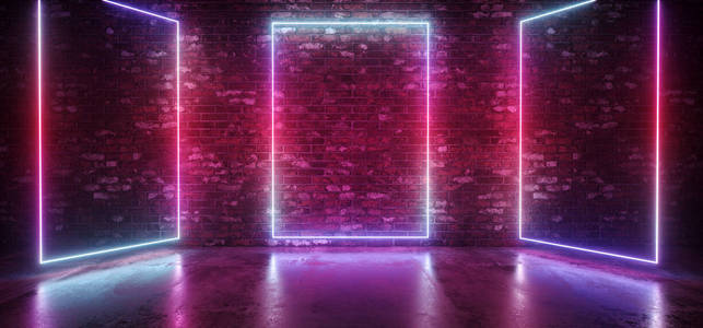 霓虹灯S CI FI未来主义复古现代优雅俱乐部发光梯度蓝粉紫色舞台矩形框架灯砖墙反射混凝土地板空空间3绘制插图