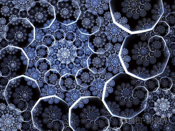 分形雪花冬季背景雪花形成螺旋图案蓝色背景