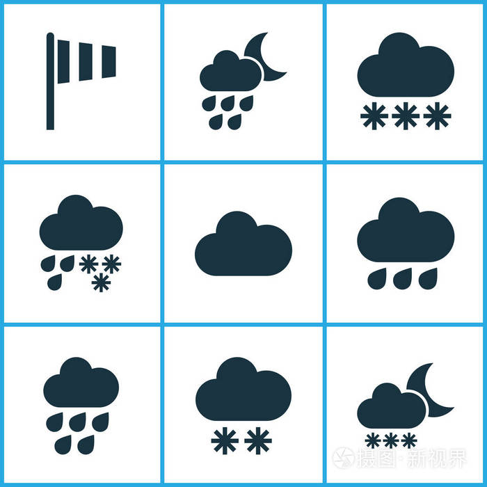 天气图标设置冬季, 云, 雪和其他洪水元素。隔离的矢量插图天气图标