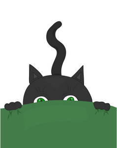 黑猫，绿眼睛坐在埋伏中。 卡通矢量插图。