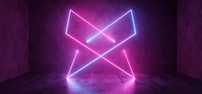 科幻未来主义复古现代优雅抽象长方形交叉霓虹灯形状发光紫蓝色粉红色在Grunge混凝土墙俱乐部舞台混凝土地板三维渲染插图