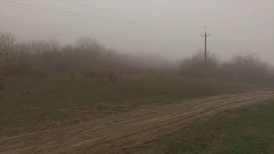 在对面道路附近雾蒙蒙的森林前的输电线路。拍摄。清晨雾中的供电电线