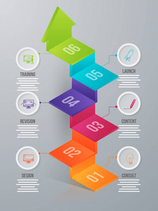六个层次箭头信息元素在3D的商业或公司部门。