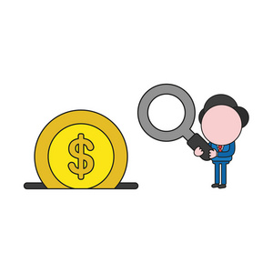矢量插图概念商人人物持有放大镜到美元硬币进入钱箱。 颜色和黑色轮廓。