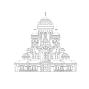 基督教哥特式神庙. 手绘素描. 轮廓设计中的细线古柱寺矢量插图.照片
