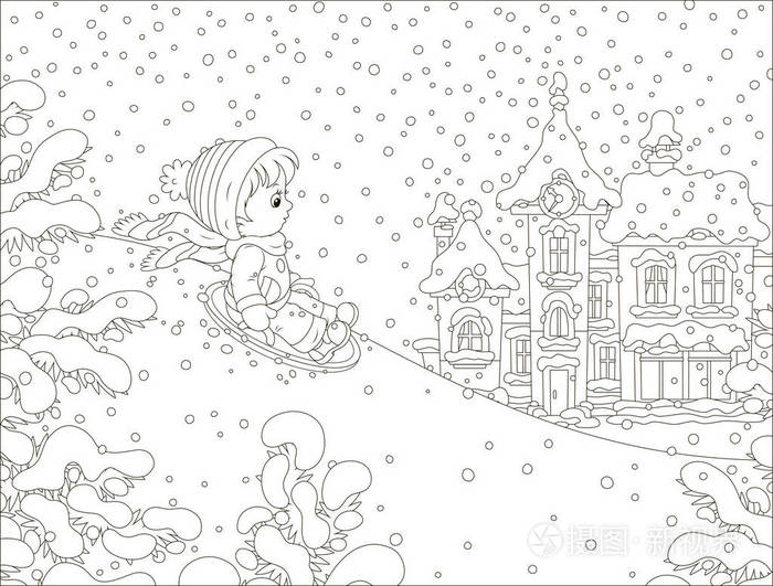 插画 在一个小镇冬季公园的操场上,一个小孩子滑下一座雪山,上面有一