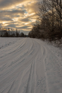 白雪覆盖的冬季道路，轮胎痕迹