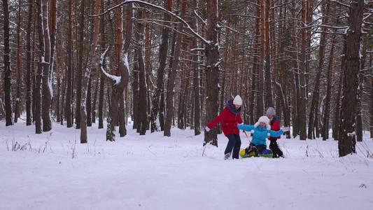 有趣的孩子们骑着雪橇和松树林的充气雪管。幸福的家庭妈妈和孩子在冬季公园和森林玩圣诞节假期