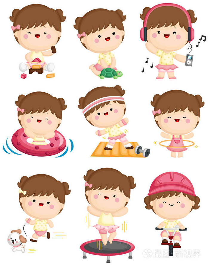 一组可爱的女孩做运动和她的日常锻炼的矢量集
