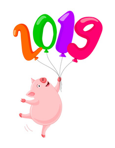 卡通猪人物手持数字气球。 新年庆祝概念。 白色背景上孤立的插图。