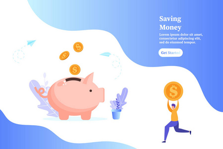 储蓄罐与下降金币男子持有硬币概念，节省金钱和利润矢量插图的网页UI登陆页面传单海报横幅。