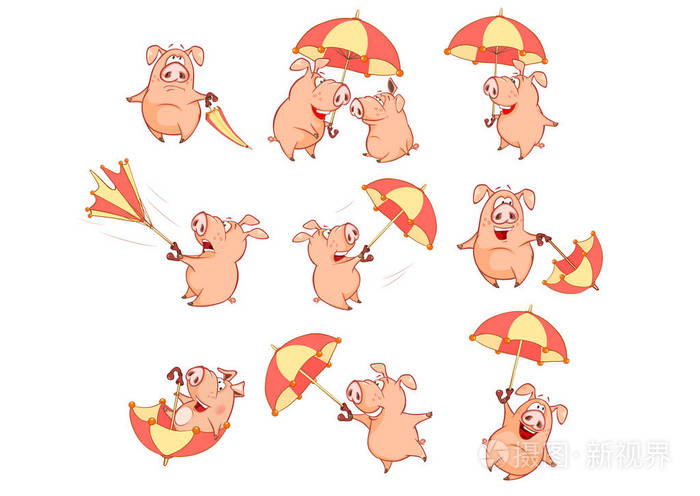多风天气带伞的可爱卡通猪仔插图