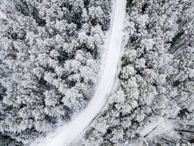 冬季森林地区用雪树的鸟瞰图