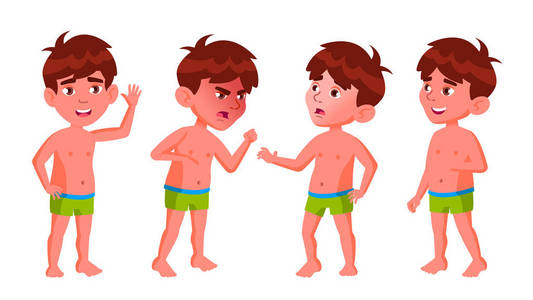 男孩幼儿园儿童波集向量。相当积极的宝贝衣服。暑假。游泳池,海滩。明信片公告封面设计.独立卡通插图