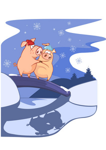 两只可爱的卡通猪在冬天晚上拥抱在桥上的插图照片