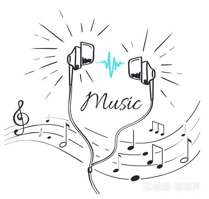 带声音和符号草图的音乐耳机插画-正版商用图片16kaue-摄图新视界