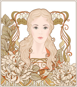 一位长发女子的肖像，花架在古老的复古艺术新风格。 彩色矢量插图。 复古的米色和橙色。