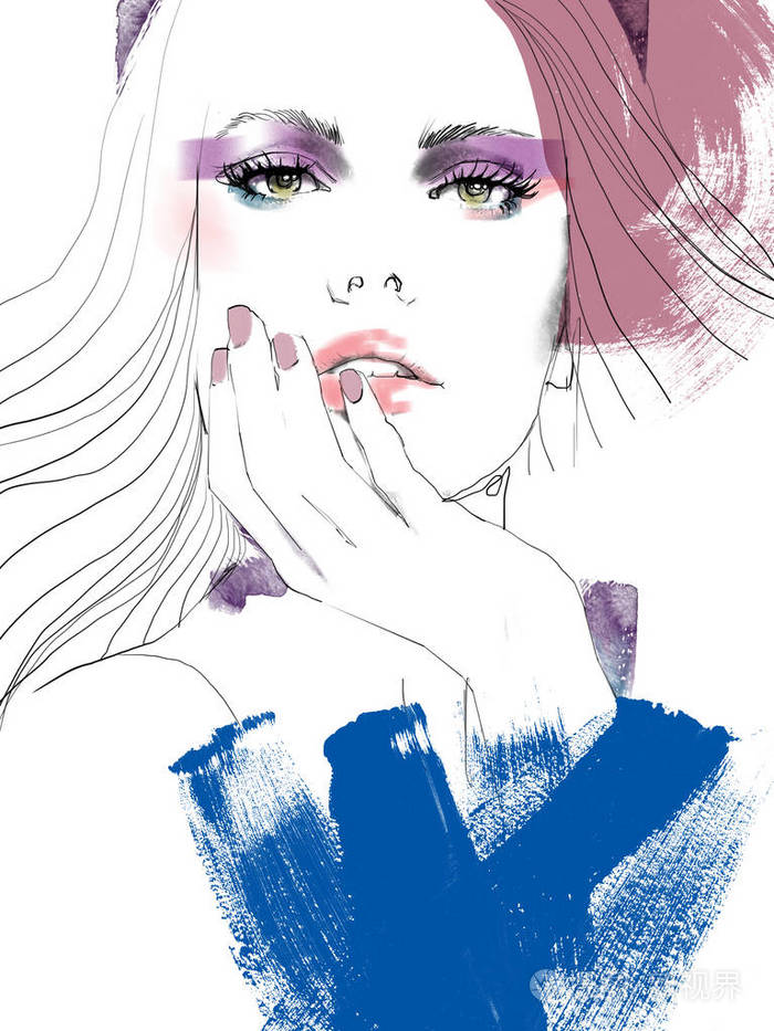 年轻的美女时装插图水彩画肖像