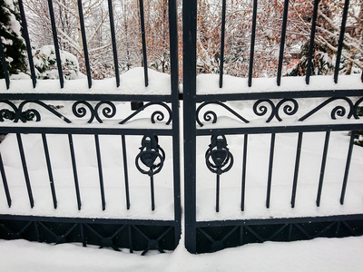城市公园入口处的铁门。冬天。雪的漂移。
