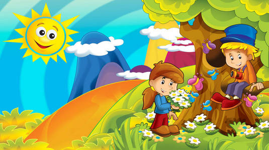 卡通，秋天，大自然背景在山上，孩子们玩着，空间为文本儿童插图。