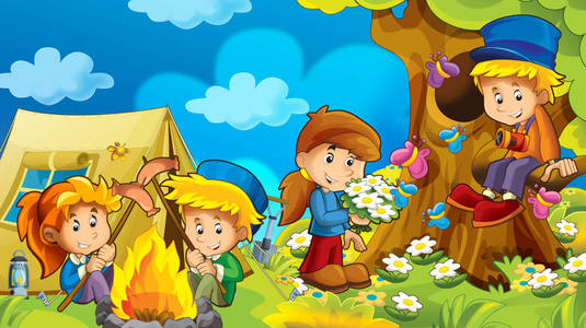卡通，秋天，大自然背景在山上，孩子们玩着野营，帐篷里有文字空间儿童插图