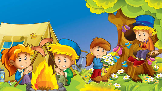 卡通，秋天，大自然背景在山上，孩子们玩着野营，帐篷里有文字空间儿童插图
