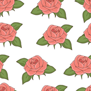 粉红色玫瑰无缝图案手绘矢量插图。 在白色背景上画着柔软的粉红色花瓣和绿叶的花蕾。 织物设计，布，壁纸装饰
