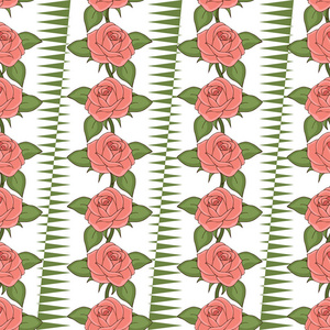 粉红色玫瑰无缝图案手绘矢量插图。 在白色背景上画着柔软的粉红色花瓣和绿叶的花蕾。 织物设计，布，壁纸装饰