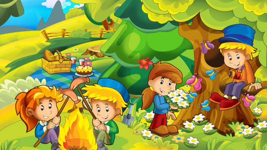 卡通，秋天，大自然背景在山上，孩子们玩得很开心，有空间为孩子们提供文字插图