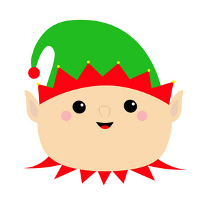 圣诞老人精灵脸头图标。 绿帽子。 圣诞快乐。 新年。 可爱的卡通有趣的卡瓦伊婴儿角色。 贺卡。 平面设计白色背景。 孤立的。 矢