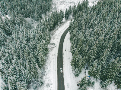 白色SUV观路旅行冻结公路在下雪的冬季。