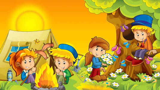 卡通，秋天，大自然背景在山上，孩子们玩着有趣的露营，帐篷，有空间为孩子们提供文字插图