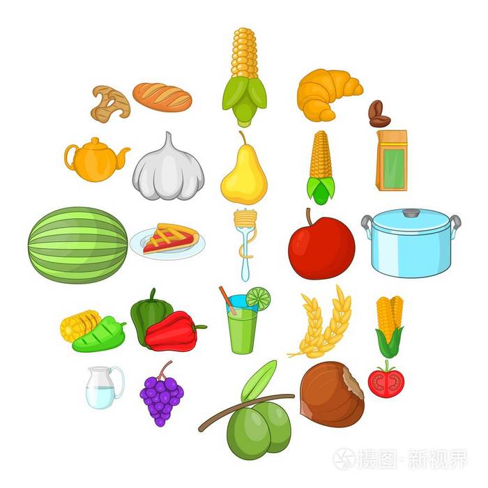 纯素食烹饪图标套装, 卡通风格