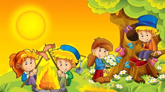 卡通秋天背景，儿童玩，露营空间，儿童文字插图
