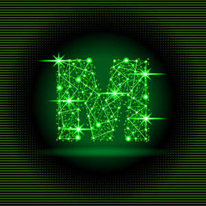 字母m来自未来派多边形线，并闪耀空间恒星。 用于卡片或网页设计的黑色背景上的绿色矢量插图。