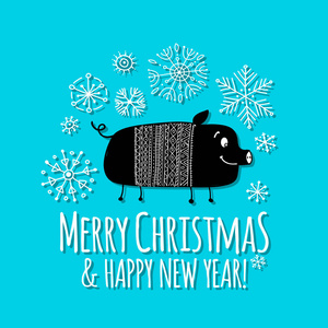 圣诞卡与有趣的猪符号2019年为您的设计。 矢量插图