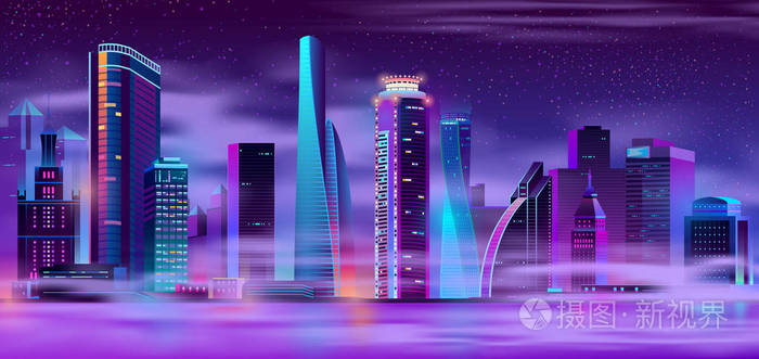未来大都市夜景霓虹灯彩色卡通矢量与未来主义设计照亮的摩天大楼在