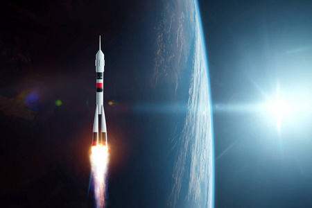 火箭在地球的背景下在太空中飞行.