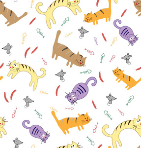 邀请, 海报, 横幅, 标语牌或广告牌封面可爱的猫咪多彩无缝图案本景