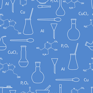 科学矢量无缝图案与烧瓶试管烧杯工具和公式。 教育要素。 化学生物医学。