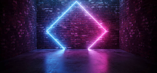 未来感S CIFI优雅的现代霓虹灯发光矩形形状的线条管紫粉色蓝色的灯光在暗空的混凝土砖室背景3渲染插图。