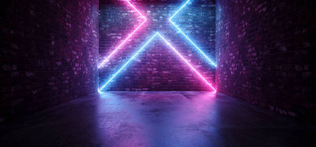 未来科学FI复古现代霓虹灯发光交叉形状的线管，紫粉红色的蓝色灯在黑暗的空格格混凝土砖室背景3渲染插图。